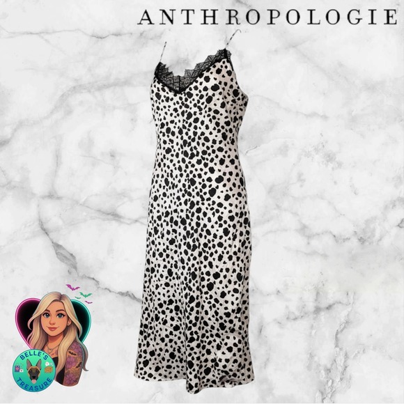 Anthropologie Women's Medium‎ Animal Print Lace Trim Slip Dress Midi Black NEW - Picture 2 of 16